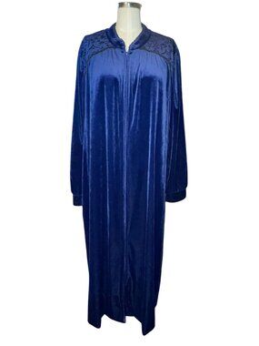 Delicates Vintage Navy Blue Embroidered Detail Full-Zip Long Robe